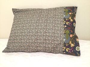 One Handmade Cotton Pillowcase: Abstract Design, Gray and Pink with Floral Band